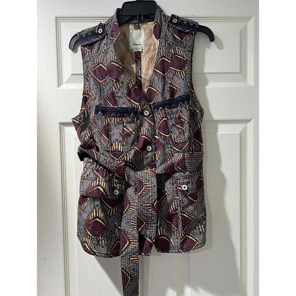 Anthropologie Elevenses Safari Embroidered Vest Belt Aztec Size M Cotton Linen - Picture 1 of 13